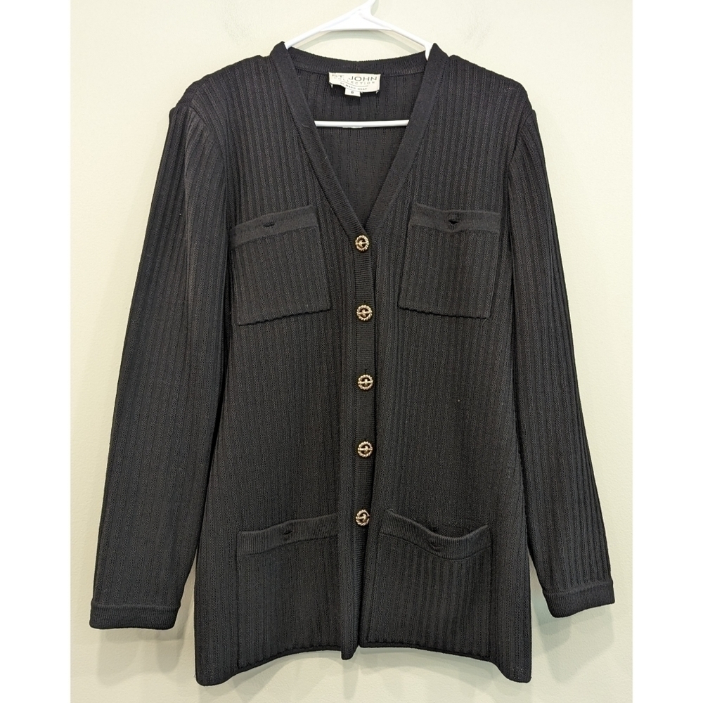 St. John Black Long Knit Cardigan with Gold Buttons Size 8